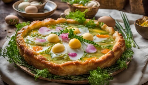 Foto un pastel con huevos y huevos en él se sienta en una mesa