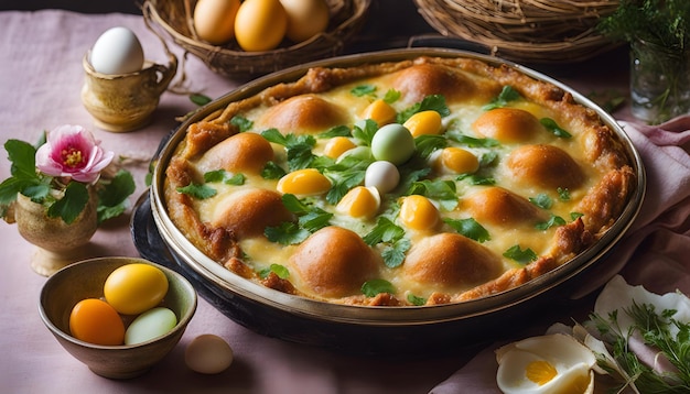 Foto un pastel con huevos y queso en él se muestra en una mesa