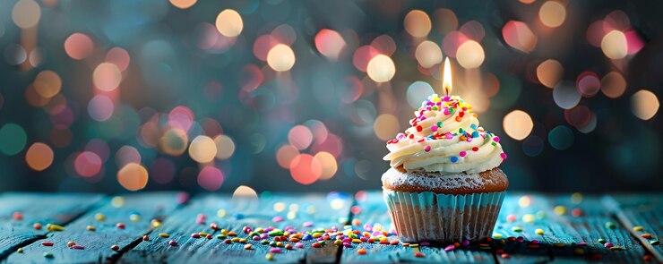 El pastel iluminado descansa en una mesa rodeado de salpicaduras vibrantes y un telón de fondo bokeh alegre