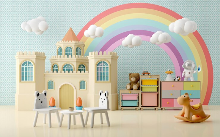 Pastel kid room Sillas cajón estante castillo cosas lindas y arco iris en segundo plano.