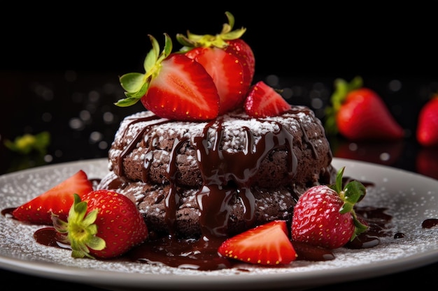 Pastel de lava de chocolate con fresas