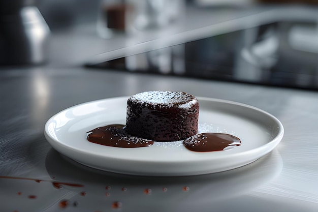 Foto pastel de lava de chocolate en un primer plano de un plato blanco