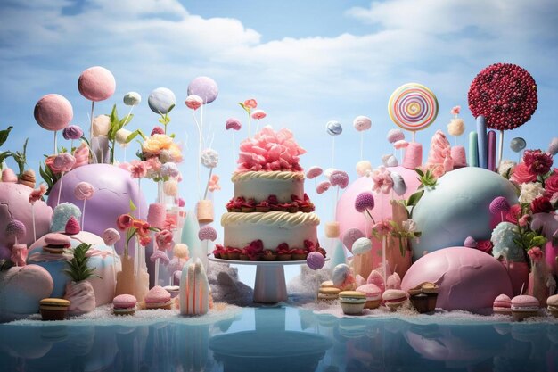 un pastel con un lazo rosa y un montón de globos en la parte superior.