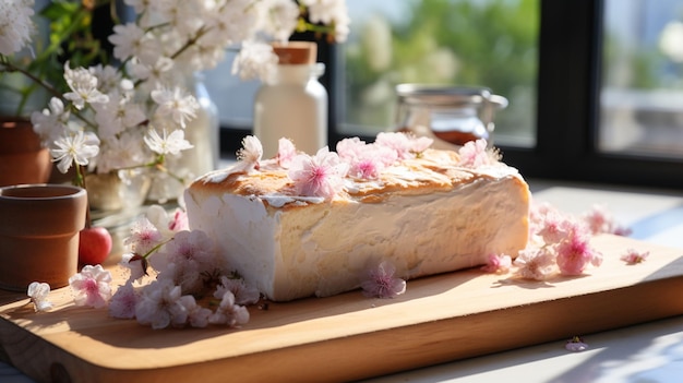 Pastel de libra con flores de primavera en una mesa de madera