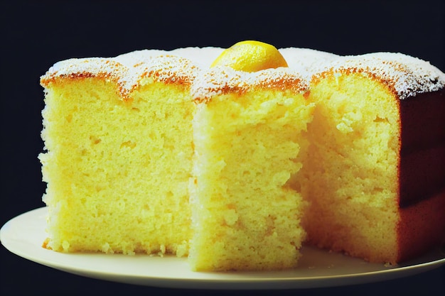 Pastel de limón de azúcar casero dulce con fruta y azúcar en polvo en un plato en la mesa