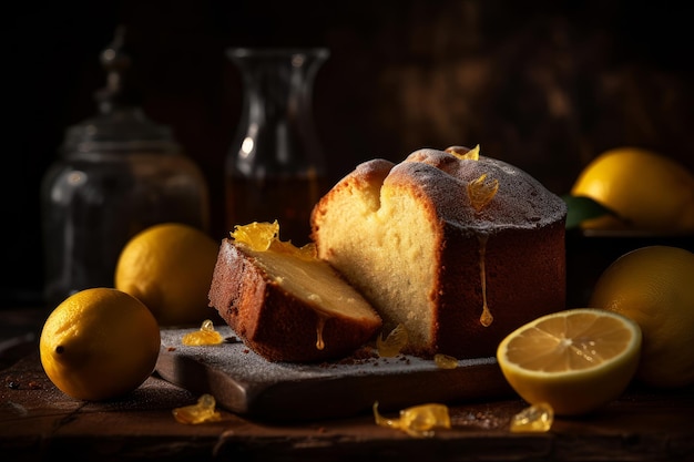 Un pastel de limón con cáscaras de limón en una tabla para cortar