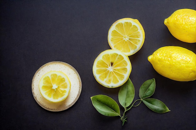 Pastel de limón pequeño con fruta en un plato sobre fondo oscuro