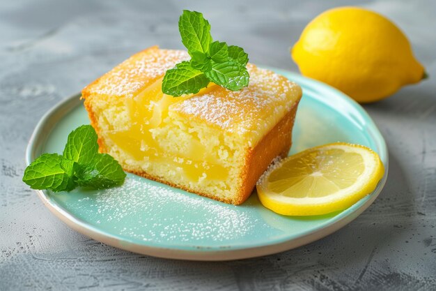 pastel de limón con rebanada de limón y hoja de menta