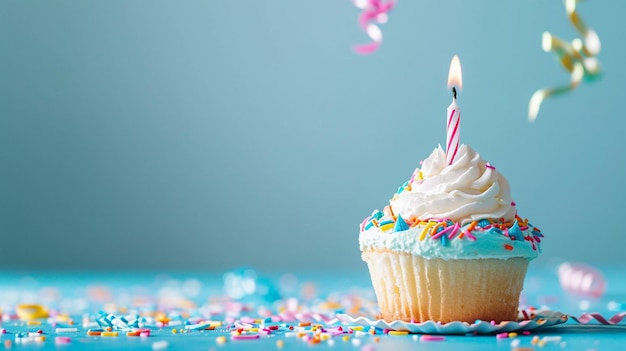 pastel lindo y vela en fondo azul para la fiesta de aniversario Generativo Ai