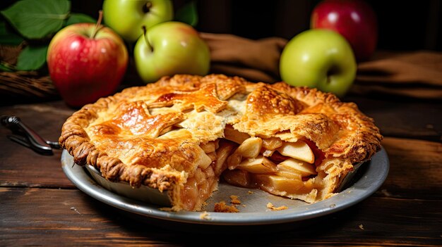 Foto un pastel lleno de manzanas recién horneadas debajo de una corteza escamosa dorada cálido reconfortante casero delicioso aromático clásico de otoño dulce tentador delicioso generado por ia