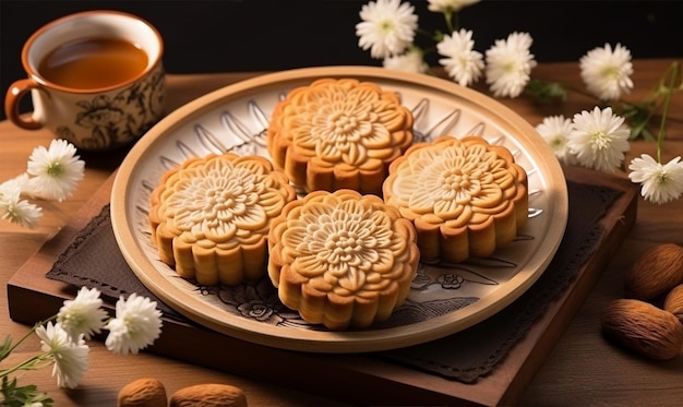 Pastel de luna Concepto del Festival del Medio Otoño Cerrar postre decoración de flores blancas