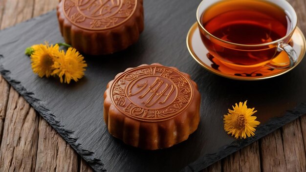 pastel de luna para el festival de mediados de otoño concepto de comida festiva tradicional en la ficha de pizarra negra