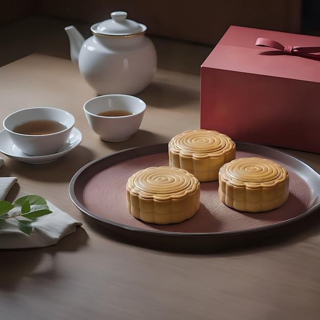 Pastel de luna tradicional chino servido con té para el festival del día de mediados de otoño