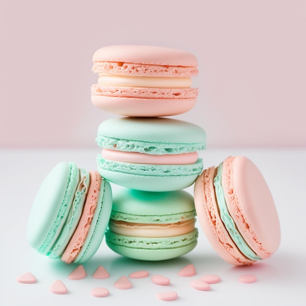 Pastel macaron o pila de macarrones sobre fondo rosa menta colorida y galletas de almendra rosa colores pastel