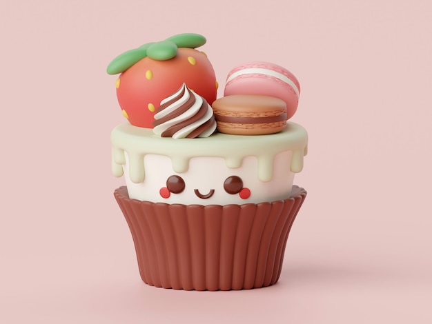 Pastel con macarrón y fresa ilustración en 3D