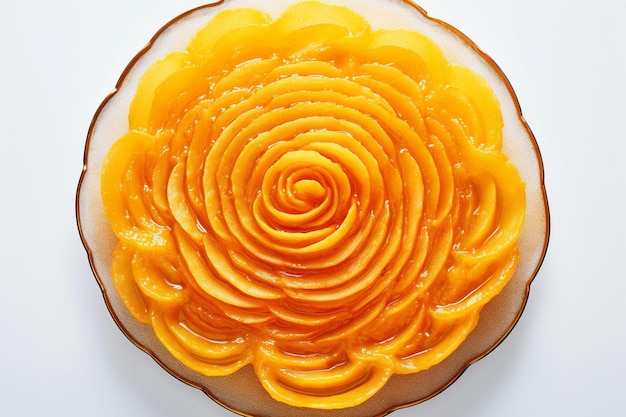 Un pastel de mango con un patrón en espiral en la parte superior.