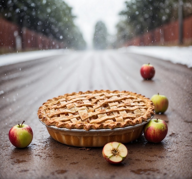 Pastel de manzana en el camino bajo la lluvia Foco selectivo