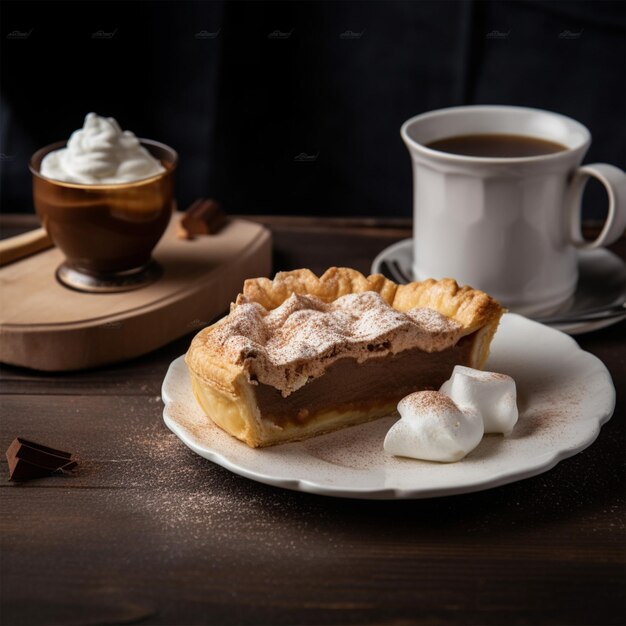 Foto pastel de manzana con crema y una taza de chocolate caliente