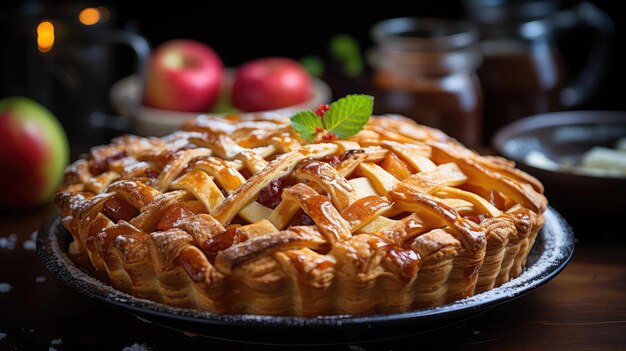 pastel de manzana dulce con salpicaduras de azúcar blanca en una bandeja de madera y fondo borroso