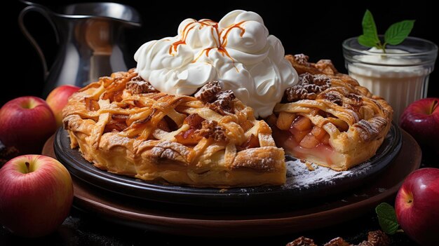 pastel de manzana con manzanas cortadas en un plato con fondo borroso