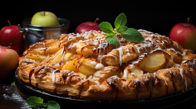 Foto pastel de manzana con manzanas cortadas en un plato con fondo borroso