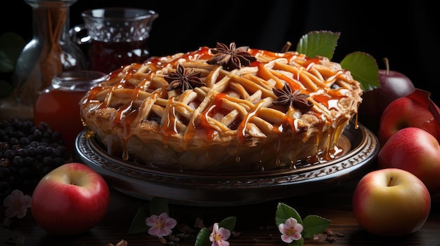 Foto pastel de manzana con manzanas cortadas en un plato con fondo borroso