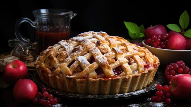 Foto pastel de manzana con manzanas cortadas en un plato con fondo borroso