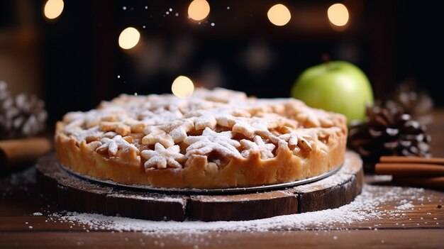 pastel de manzana con manzanas frescas en una mesa de madera