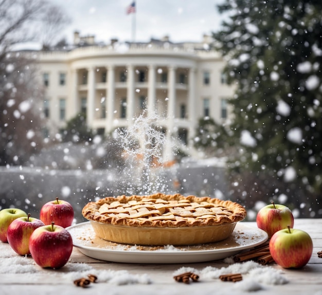 Pastel de manzana con nieve cayendo y árbol de Navidad en el fondo Foco selectivo