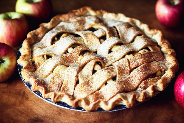 Pastel de manzana rayado grande sobre fondo de madera