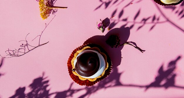 Pastel de mascarpone y sombras de ramas en superficie rosa.