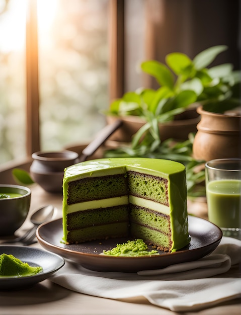 pastel de matcha naturaleza muerta junto a la ventana