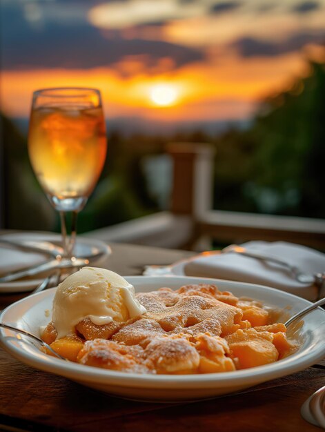 Pastel de melocotón con helado de vainilla