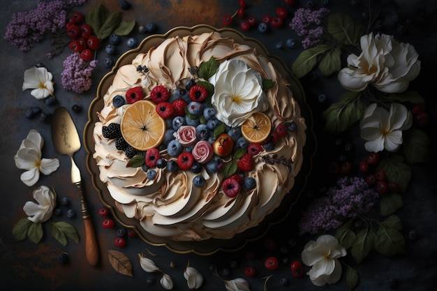 Pastel de merengue al horno con flores y bayas encima