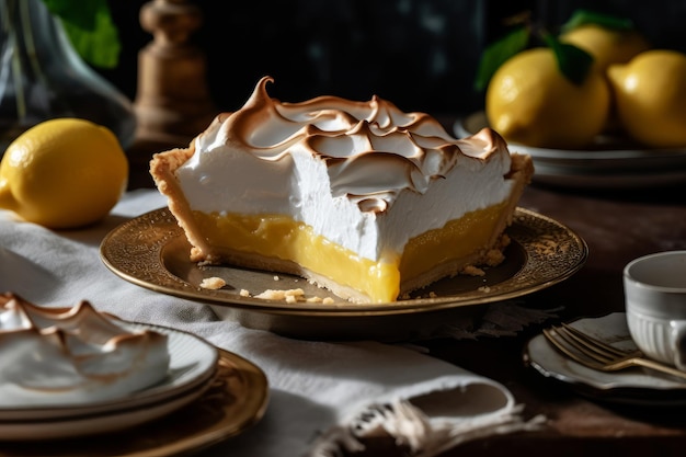 Un pastel de merengue de limón está en un plato con un limón al costado.