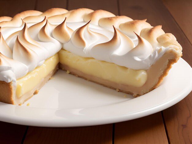 Un pastel de merengue de limón está en un plato del que se ha sacado una rebanada.