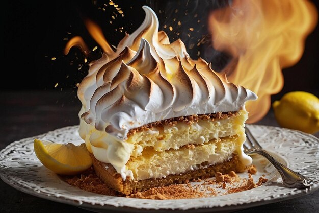 Foto pastel de merengue de limón con merengue quemado en la tapa