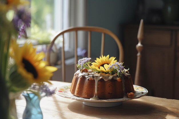 Un pastel en una mesa con flores al fondo.