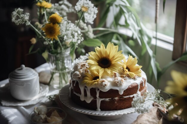 Un pastel en una mesa con flores al fondo.