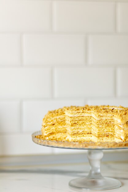 Foto pastel de miel. torta rusa tradicional en capas medovik con crema agria en una placa blanca sobre un fondo blanco. orientación vertical. de cerca