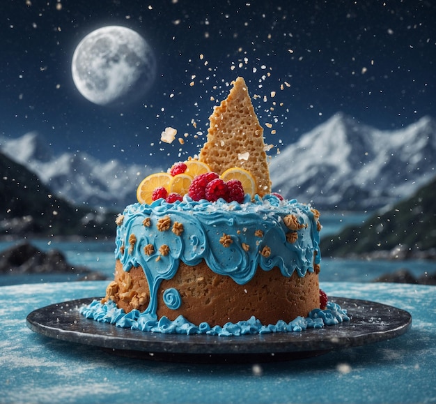 pastel en la montaña con la luna en el fondo