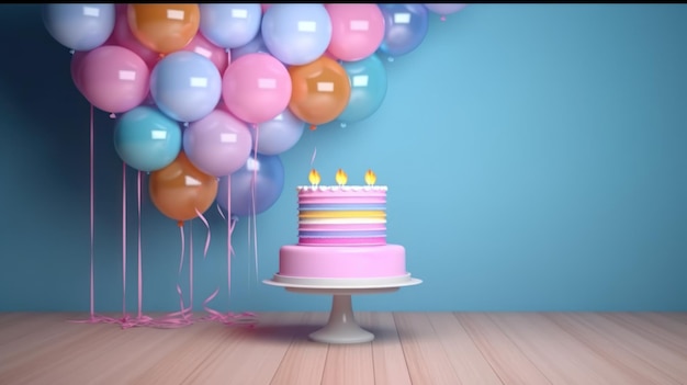 Un pastel con un montón de globos sobre una mesa.