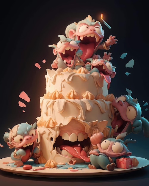 Un pastel con un montón de monstruos en él