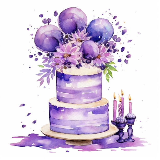 pastel morado y blanco con flores y velas en un plato ai generativo