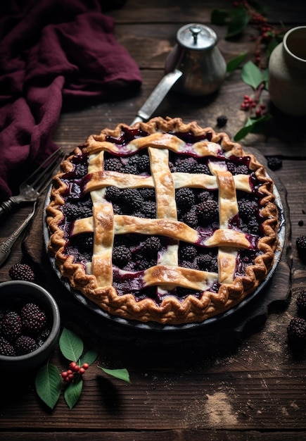 Un pastel de moras en una mesa.