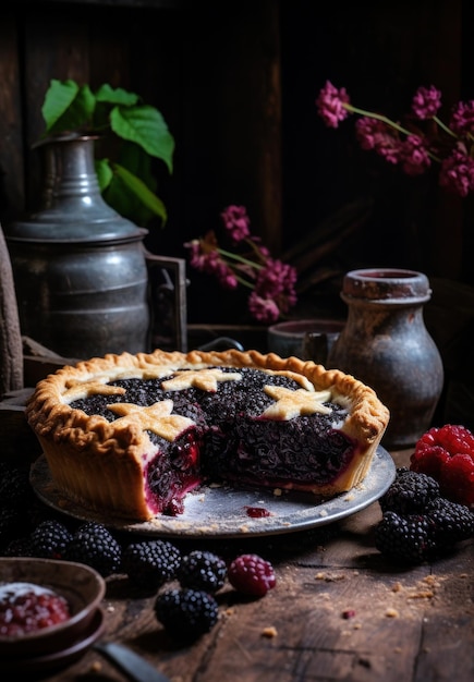 Foto un pastel de moras en una mesa.