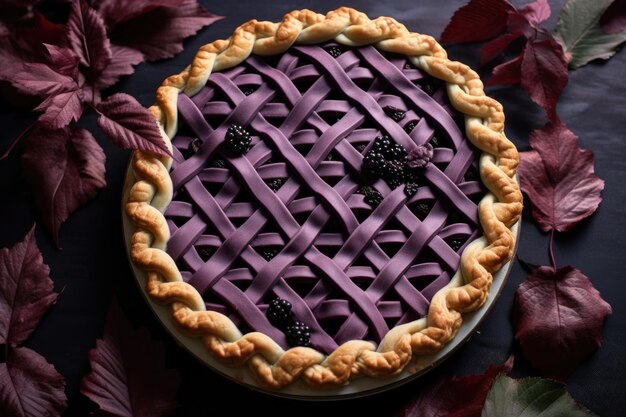 Un pastel de moras con un patrón de hojas recortadas.