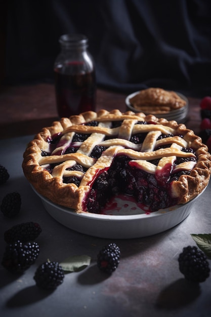 Un pastel de moras con una rebanada sacada