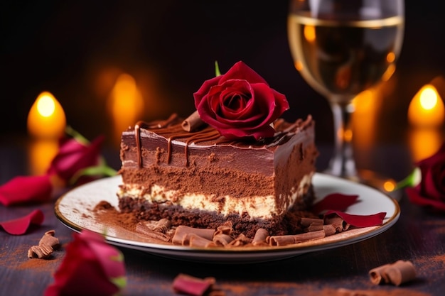 Un pastel de mousse de chocolate con una corteza quebradiza en una mesa de noche de cita