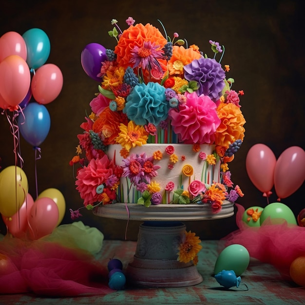 un pastel con muchos globos de colores y un pastel con un pastel en el medio.